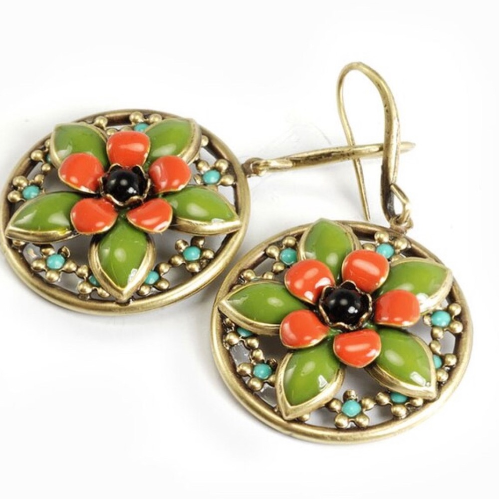 Hand Enamel Flower/Ant.Gold Earrings, NWT